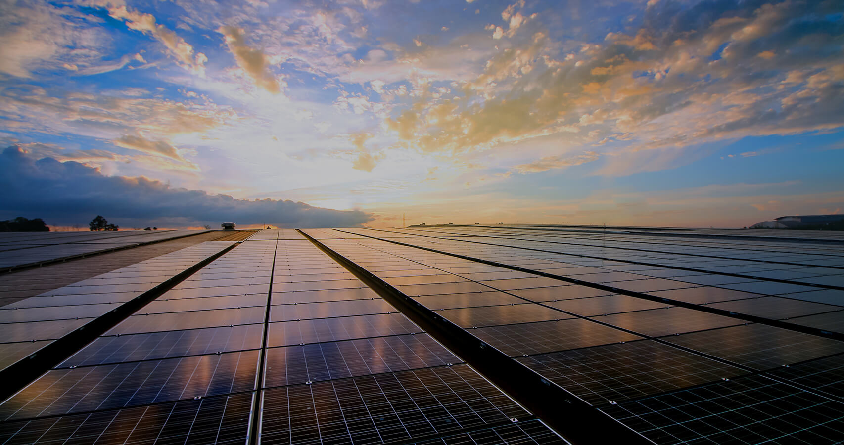 A sunset sky over a field of solar panels