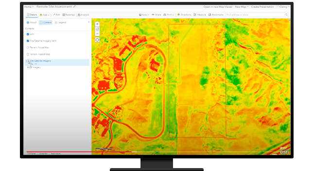 A desktop computer displaying a remote site assessment of a LiDAR map and menu options on the side 