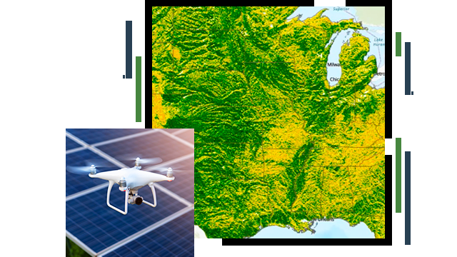 A map showing the contours of the height and shape of mountains, and a drone hovering over a solar panel