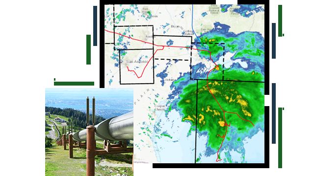 A pipeline built above ground for miles into the distance, and a map with a red line to illustrate how far the pipeline extends