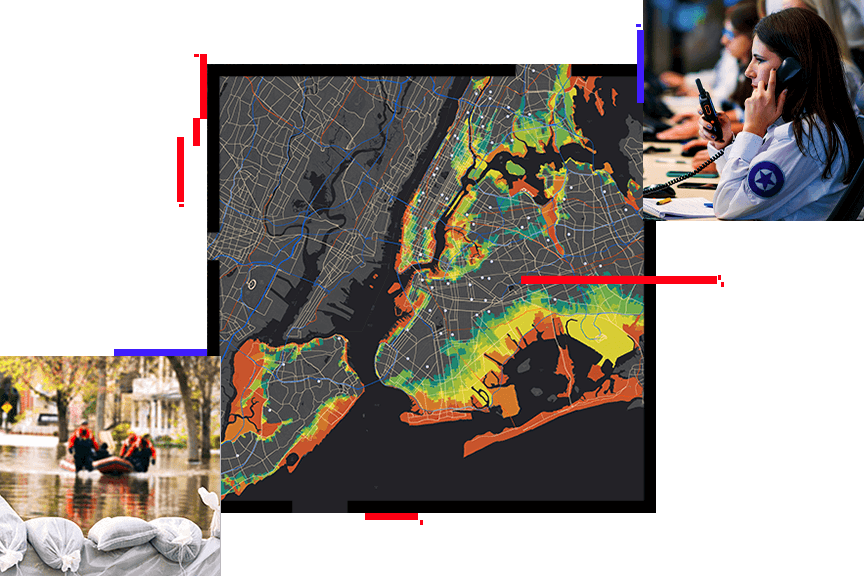 A map with highlighted hotspots, sandbags holding bag water, and a dispatcher holding a phone and a radio