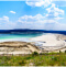 A beach with scattered stretches of green grass and wildflowers beside peaceful green-blue waters with a low mountain range in the distance 