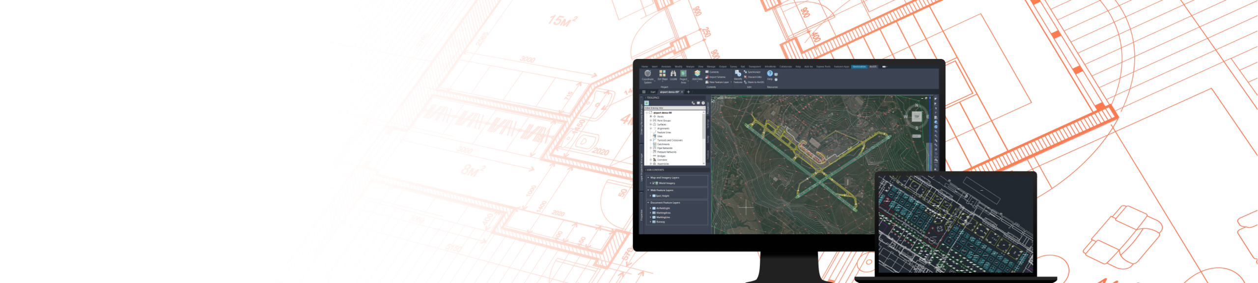 Computer monitor with CAD drawing of an airport runaway and a laptop with CAD drawing of an airport terminal