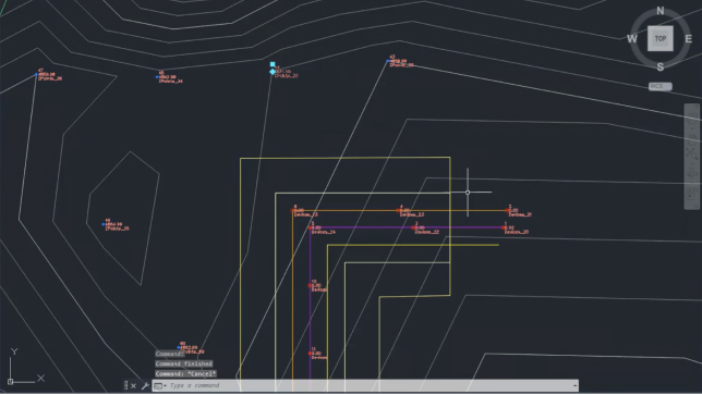 A series of connected lines and red icons on a black background representing a 2D CAD drawing of some topography