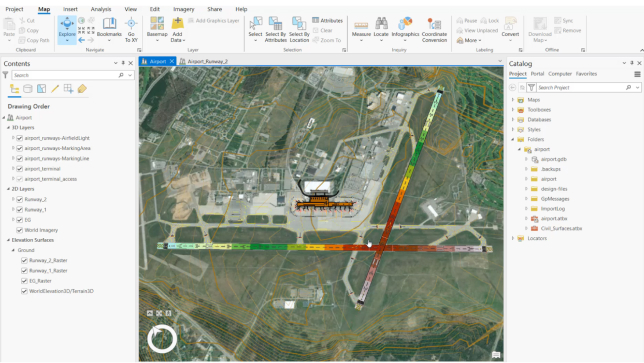 Green grass surrounding gray buildings representing an airport runway layered with CAD data on top in ArcGIS Pro