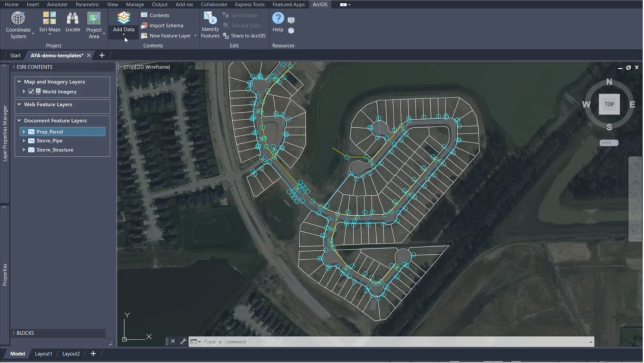 Series of connected squares and lines representing a housing tract with an imagery basemap and document feature layers pane